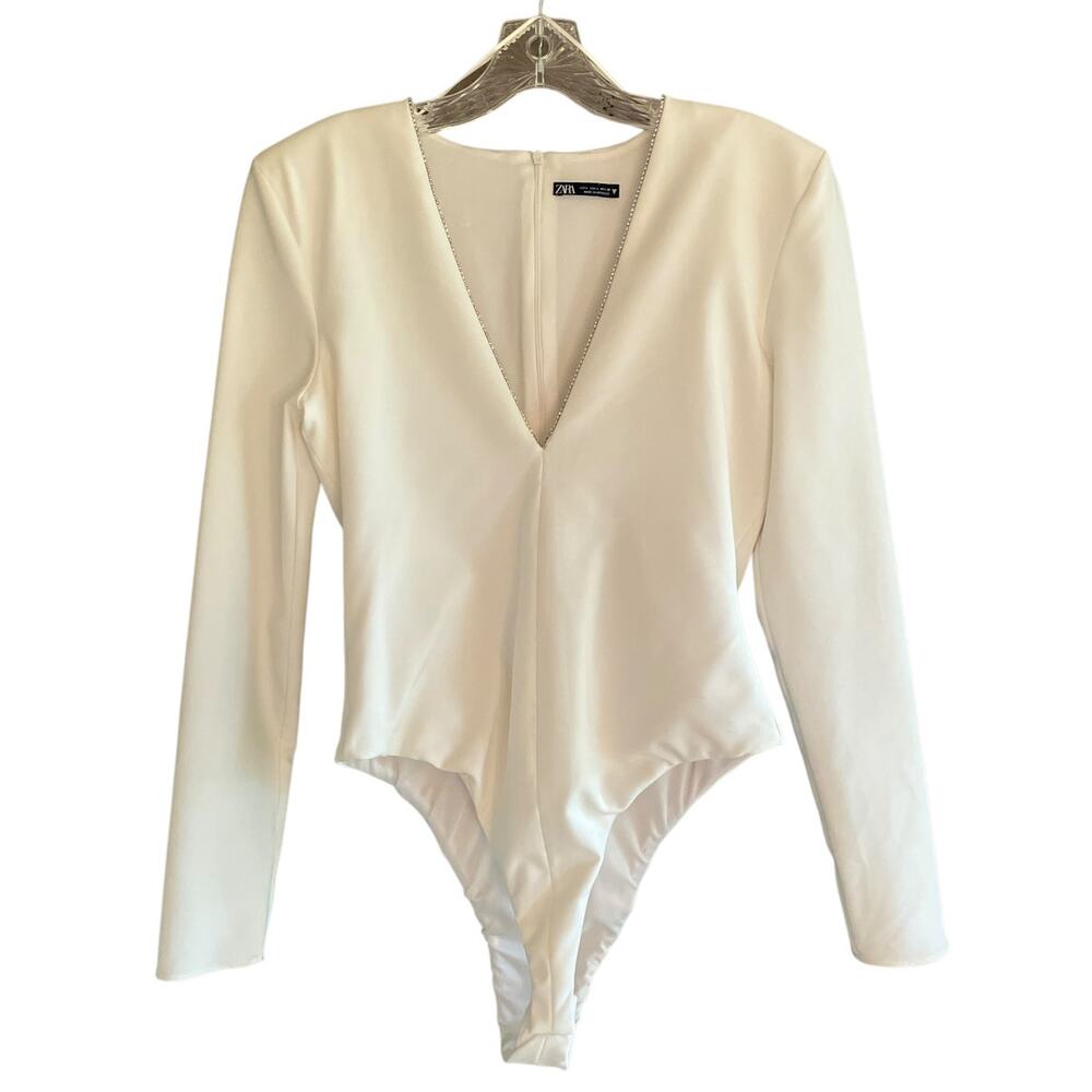 Zara Bodysuit V-Neck Rhinestones White Long Sleeves L Glam Stretchy